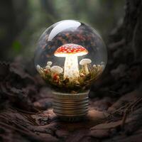 generativo ai contente, terra dia. mosca agárico dentro uma luz lâmpada contra a fundo do uma verão floresta. foto