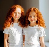 generativo ai contente, dois meninas com vermelho cabelo dentro uma branco camiseta. camiseta brincar para seu logotipo, Projeto. lado de fora em uma verão dia foto