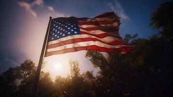 generativo ai contente, nacional acenando bandeira do Unidos estados em pólo contra azul sem nuvens céu dentro luz do dia foto