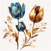 azul e dourado aguarela tulipa flores ilustração ai generativo foto