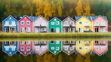 linha do colorida de madeira casas. ilustração ai generativo foto