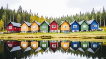 linha do colorida de madeira casas. ilustração ai generativo foto