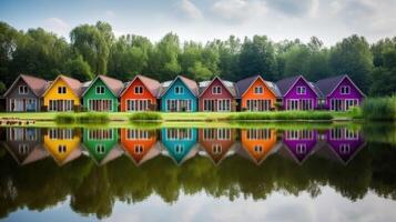 linha do colorida de madeira casas. ilustração ai generativo foto