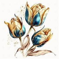 azul e dourado aguarela tulipa flores ilustração ai generativo foto