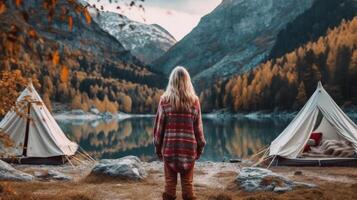 menina viaja através a montanhas glamping. ilustração ai generativo foto