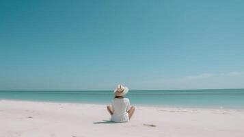 mulher meditação em de praia. ilustração ai generativo foto