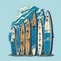 verão vibração Projeto apresentando uma grupo do pranchas de surf forrado acima em uma de praia ai gerado foto