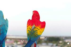 fechar acima do colorida escarlate arara papagaio animal poleiro em poleiro ramo com azul Claro céu fundo foto