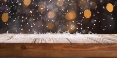 neve queda em uma de madeira mesa ai gerado foto