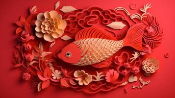topo Visão do 3d chinês Novo ano papel cortar enfeite do felicidade peixe em vermelho fundo. ai gerado foto
