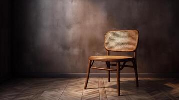 elegante retro Projeto Castanho de madeira rattan cadeira com em branco polido cimento parede, luz feixe, cópia de espaço. ai gerado foto