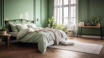 cama com vintage estilo colcha com travesseiros, de madeira vestir mesa, parquet chão. ai generativo foto