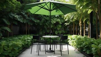 cafeteria jardim com moderno verde tropical plantas, volta vidro café mesa com guarda-chuva. ai gerado foto