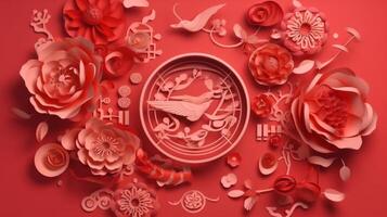 topo Visão do 3d chinês Novo ano papel cortar enfeite do felicidade peixe em vermelho fundo. ai gerado foto