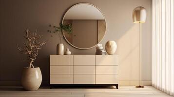 minimalista moderno bege vestir mesa com volta espelho. ai gerado foto