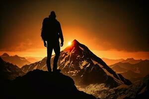 turista dentro montanha pico, pôr do sol Preto sombra, ativo vida conceito ai gerado foto