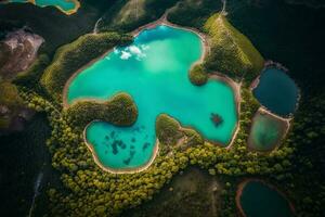 aéreo Visão do azul lagos e e colinas com verde florestas ai gerado foto