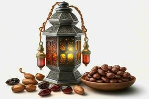 Ramadã Comida e bebidas conceito. Ramadã árabe lâmpada, madeira rosário, e datas fruta em branco fundo ai gerado foto