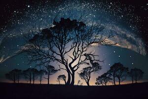 panorama mostrando árvores contra mágico e estrelado noite céu cheio do estrelas ai gerado foto