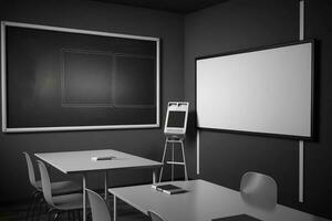 esvaziar moderno Sala de aula com branco interativo borda ai gerado foto