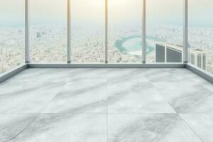o negócio e Projeto conceito esvaziar mármore chão e janela com panorâmico moderno paisagem urbana ai gerado foto