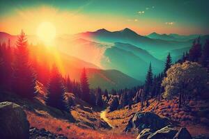 panorâmico Visão do colorida nascer do sol dentro montanhas ai gerado foto