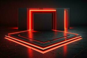 futurista ficção científica abstrato vermelho néon luz formas em Preto fundo e reflexivo concreto com em branco espaço para 3d texto ai gerado foto