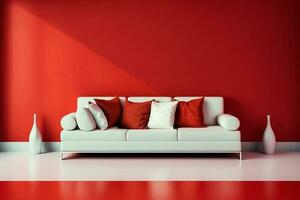 interior Projeto do moderno branco sofá em vermelho parede fundo ai gerado foto