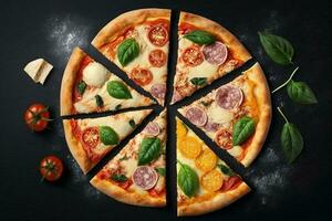 italiano pizza em uma Preto fundo com topo Visão ai gerado foto