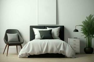 confortável quarto com esvaziar parede brincar projeto, Sombrio cama e de madeira cadeira ai gerado foto