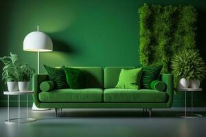 verde interior dentro moderno interior do vivo quarto estilo com suave sofá e verde parede ai gerado foto