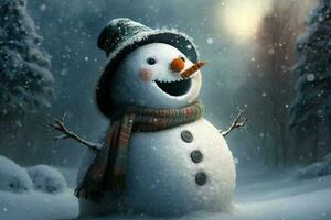 feliz boneco de neve dentro inverno secenery ai gerado foto