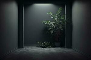 Sombrio parede esvaziar quarto com plantas em uma chão ai gerado foto