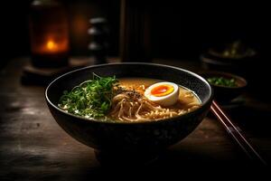 japonês ramen sopa com frango, ovo, cebolinha e brotar em Sombrio de madeira. neural rede ai gerado foto