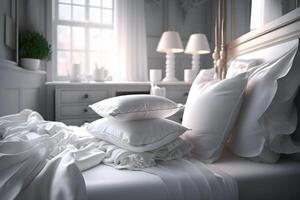 branco almofadas em a cama dentro uma luxuoso hotel. neural rede ai gerado foto