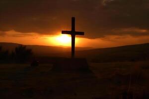 a crucificação do a crucificação do Jesus Cristo em a falésias e montanhas. neural rede ai gerado foto