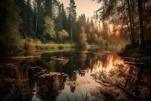 a de praia às a floresta lago panorama. neural rede ai gerado foto