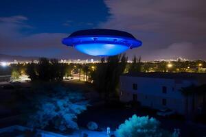 UFO nave espacial sobre a cidade. neural rede ai gerado foto