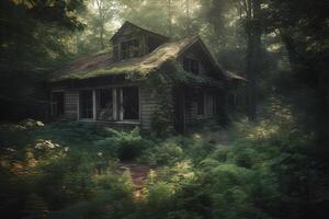 abandonado cabine dentro a floresta. neural rede ai gerado foto