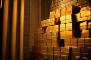 pilhas do ouro ouro e seguro depósito caixas dentro banco depositário sala. neural rede gerado arte foto