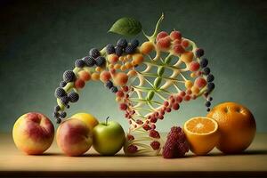 OGM Comida e geneticamente modificado cultivo ou projetado agricultura conceitos fruta e legumes. neural rede gerado arte foto