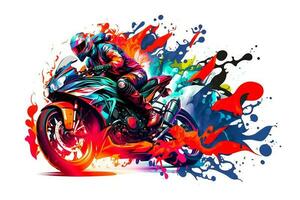 adesivo do motociclista em esporte motocicleta dentro aguarela estilo em branco fundo. neural rede gerado arte foto