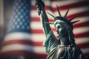 estátua do liberdade em a fundo do a americano bandeira. democracia e liberdade conceito. neural rede ai gerado arte foto