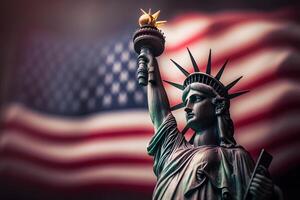 estátua do liberdade em a fundo do a americano bandeira. democracia e liberdade conceito. neural rede ai gerado arte foto