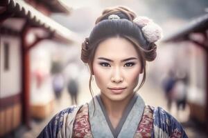 retrato do uma japonês mulher dentro nacional roupas. neural rede ai gerado foto