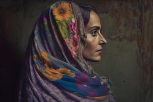 retrato do uma muçulmano mulher dentro perfil. neural rede ai gerado foto