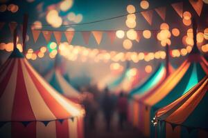 noite Visão do uma circo tendas e muitos luz lâmpadas com borrado fundo. neural rede ai gerado foto