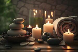 beleza spa tratamento e relaxar conceito. quente pedra massagem configuração aceso de velas. neural rede ai gerado foto