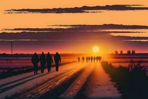 uma grupo do pessoas caminhando para dentro a pôr do sol. lindo panorama. neural rede gerado arte foto