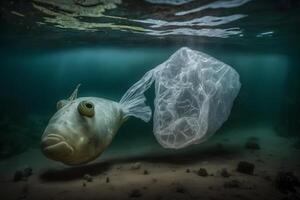 peixe e plástico poluição. ambiental problema - plásticos contaminar frutos do mar. neural rede ai gerado foto